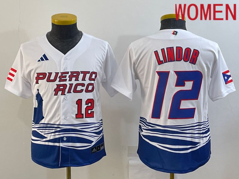 Women 2023 World Cub #12 Lindor White MLB Jersey4->women mlb jersey->Women Jersey